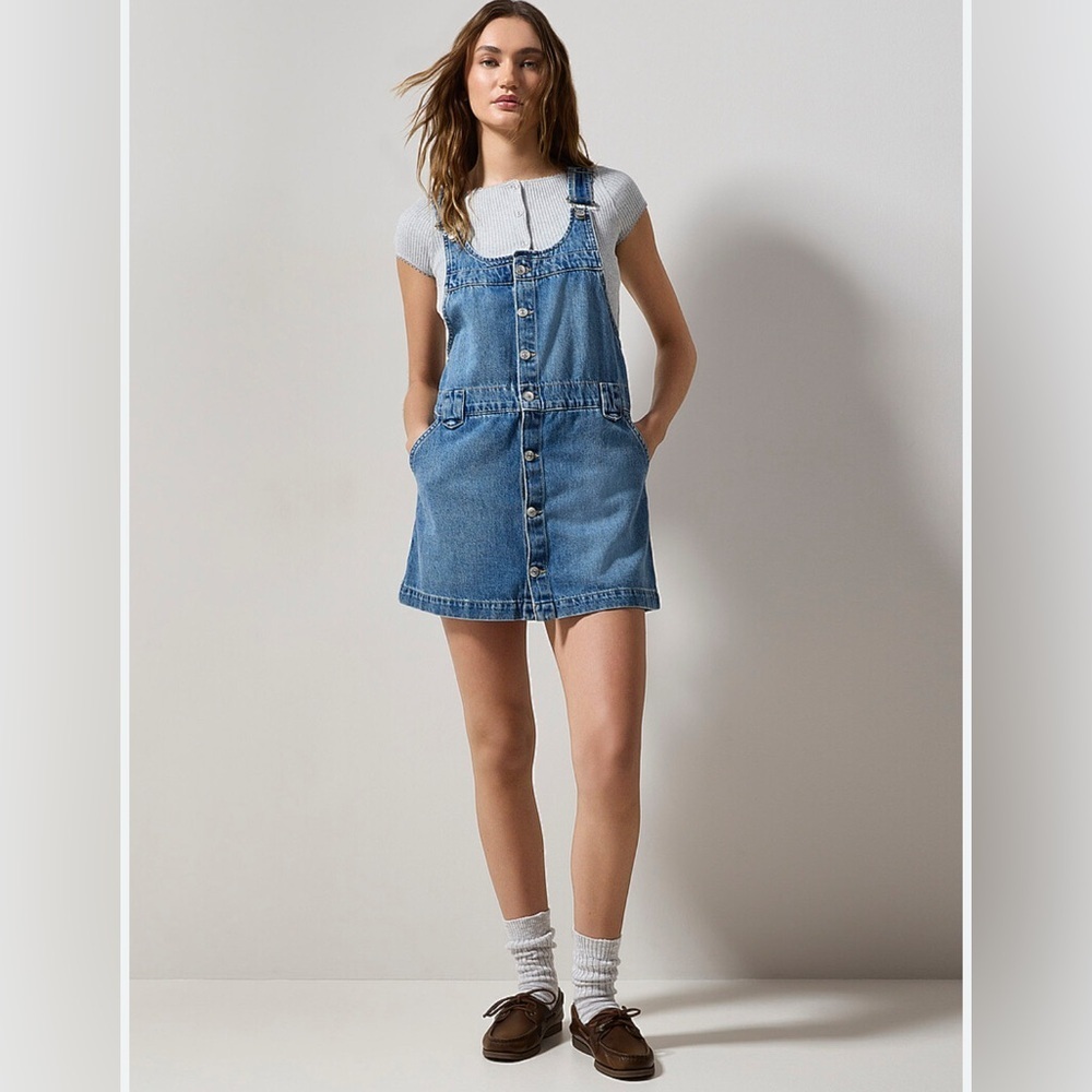 FREE PEOPLE EDDIE DENIM OVERALL MINI DRESS SKIRTALL XS NWT - Picture 7 of 15